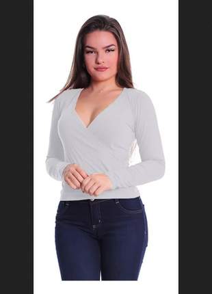 Kit com 3 blusa transpassada manga longa camisa decote feminina malha