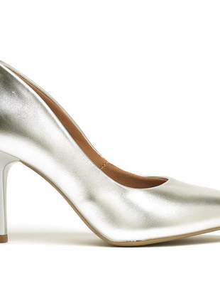 Sapato feminino scarpin salto medio bico fino prateado 7 cm
