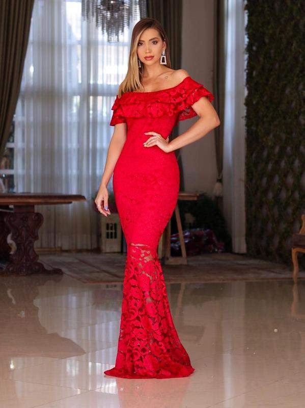 vestido de festa longo vermelho com renda