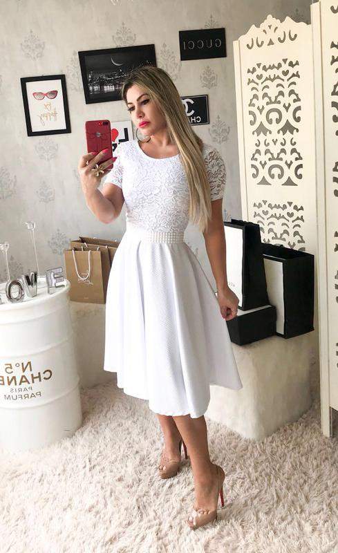 Vestido midi branco moda casamento civil noivado - R$ 140.00, cor Branco (de renda, com cinto) #39959, compre agora | Shafa