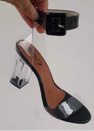 Sandálias femininas salto bloco cristal transparente