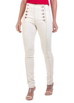Calça bloom jeans skinny cintura alta com elastano cor areia