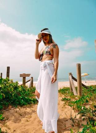 Saída de praia saia multiformas branca amarração babado moda praia 2020