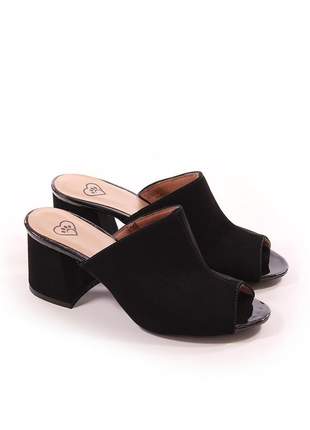 Sapato tamanco salto grosso nobuck preto confortável com regulagem de elástico