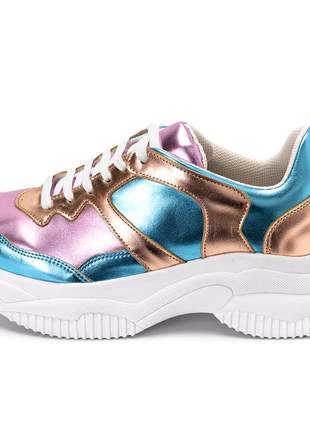 Tênis feminino sneakers chunky metalizado rosê dourado e azul