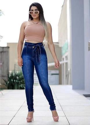 Calça jeans feminina cintura alta clochard escura