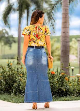 Saia jeans longa com recortes joyaly moda evangelica