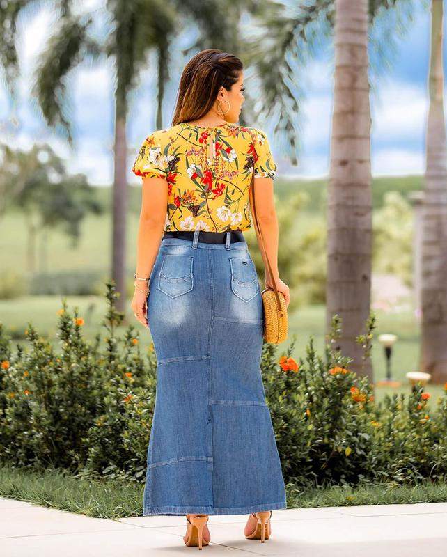 Bothersome excel Perpetual Saia jeans longa com recortes joyaly moda evangelica - R$ 149.00, cor Azul  (com botoes na frente, jeans com botoes, com botões, com ziper na frente)  #43337, compre agora | Shafa
