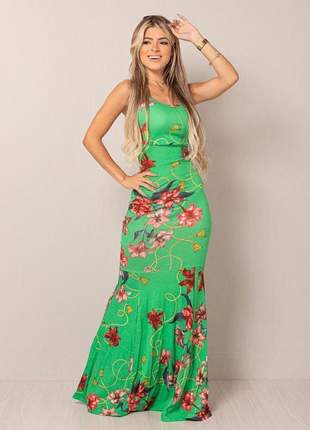 Vestido longo estampado sereia florido elegante verde viscolycra