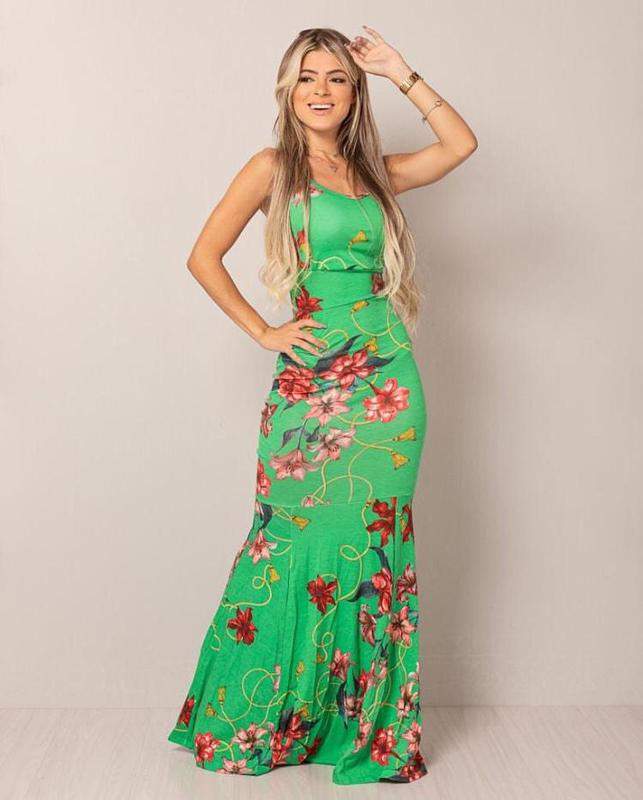 vestido verde florido longo