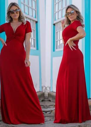 Vestido longo vermelho manga curta elegante viscolycra