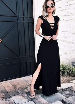 Vestido longo com fenda dupla elegante decote de tirinhas preto