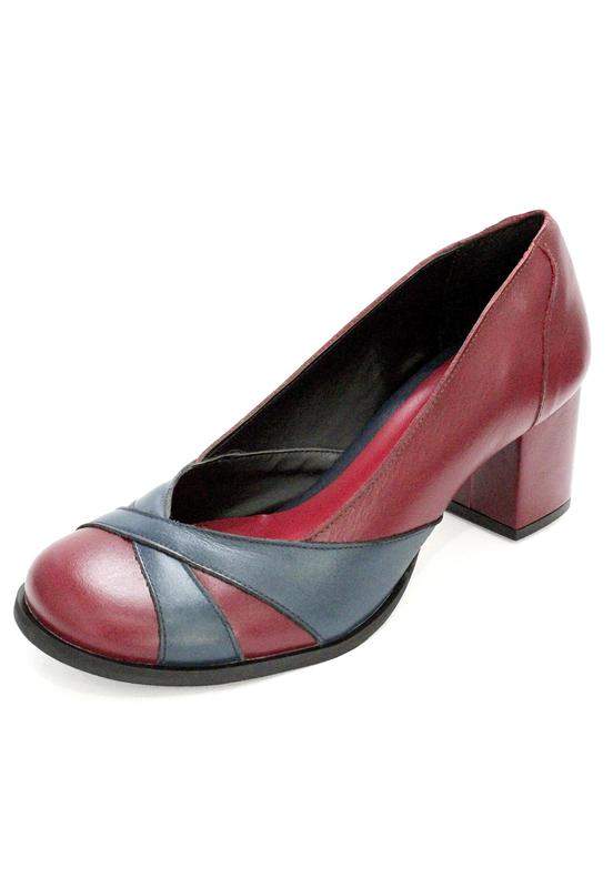 

Sapato boneca couro dali shoes salto grosso e recortes vermelho e azul