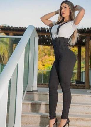 Salopete macacão calça jardineira feminina com suspensório moda blogueira
