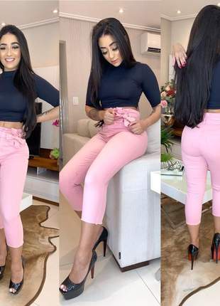 Calça jeans feminina rosa clochard laço cintura alta com lycra