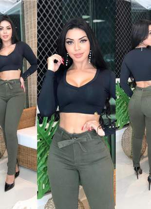 Calça jeans clochard feminina verde militar com lycra laço cintura alta