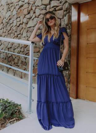 Vestido longo franzido new crepe fashion navy blue