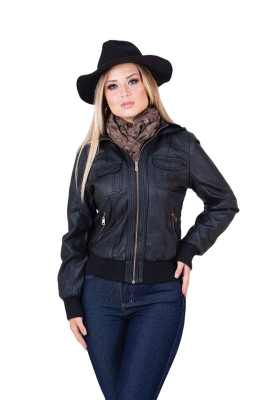 jaqueta de couro feminina preta com capuz