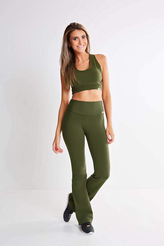 Calças de yoga Mulher largas, cintura alta - Verde Azeitona