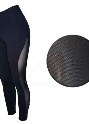 Calça legging fitness cintura alta preta com tule lateral feminina