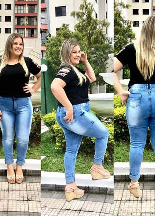 Calça jeans feminina plus size marmorizada com lycra