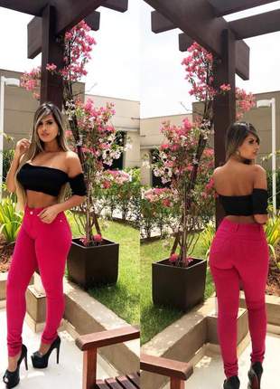 Calça jeans pink feminina levanta bumbum cós alto