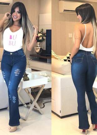 Calça jeans flare destroyed feminina com lycra