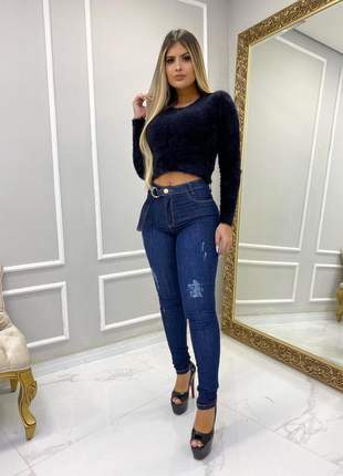 Calça jeans feminina escura  cintura alta com cinto c/lycra skinny