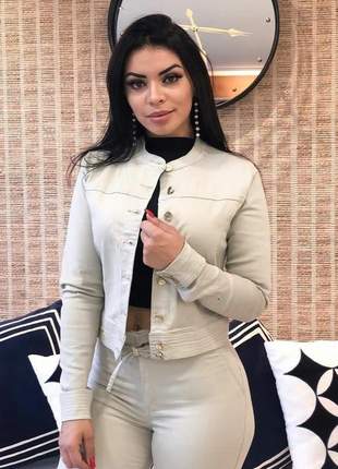 Jaquetinha curta jeans gola padre feminina com lycra casaco jaqueta