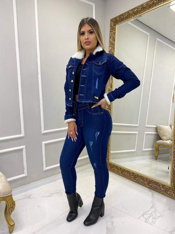 jaqueta jeans de pelinho feminina