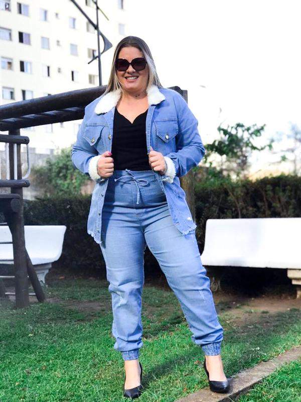 Calça Jeans Feminina Rascada Jogger Cintura Alta Elástico na Perna