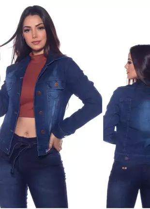 Jaqueta jeans feminina com lycra azul escura com botões e bolso frontal