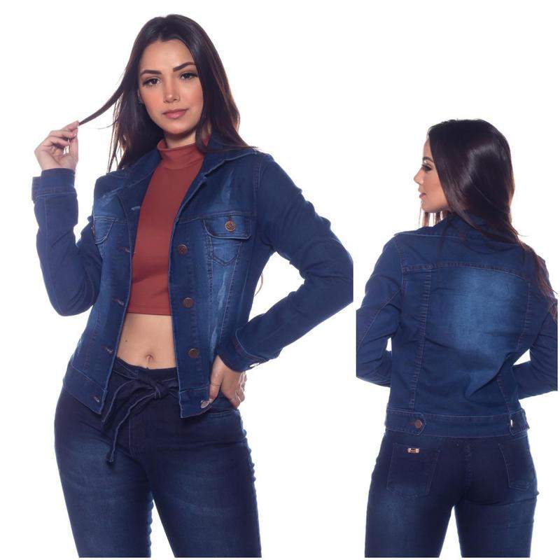 jaqueta jeans azul escuro feminina