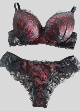 Conjunto de lingerie renda preto com vermelho