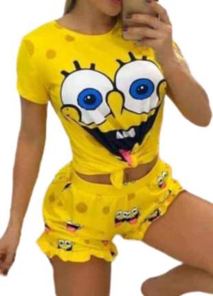 Pijama conjunto bob esponja amarelo moda p m g gg