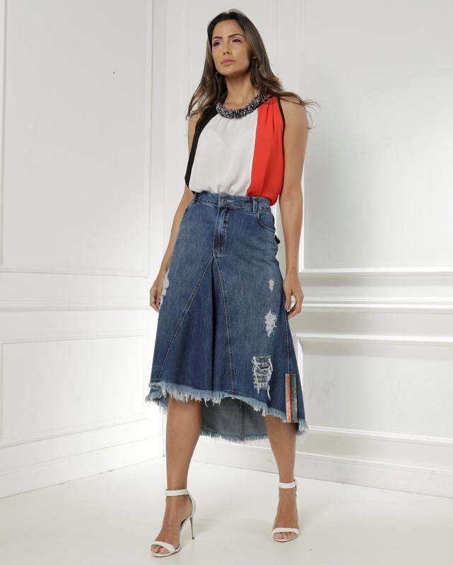 Saia Jeans Midi Moda Evangélica de alto padrão e beleza com