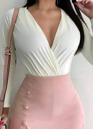 Body blusa feminina manga longa decote ajustável branco off
