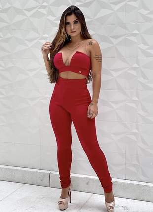 Conjunto calça skinny cintura alta e cropped vermelho