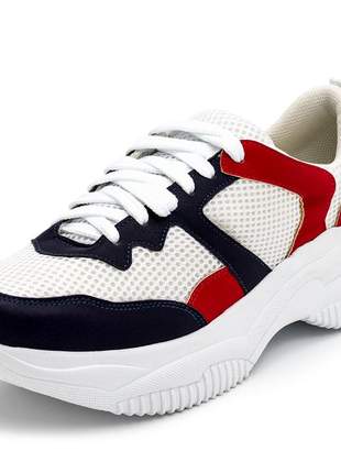 Tênis feminino sneakers chunky branco azul marinho e vermelho