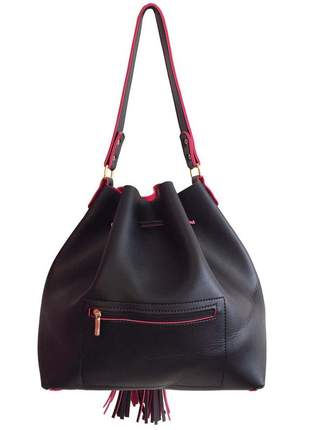 Bolsa feminina saco grande transversal preta e vermelha 2 alças
