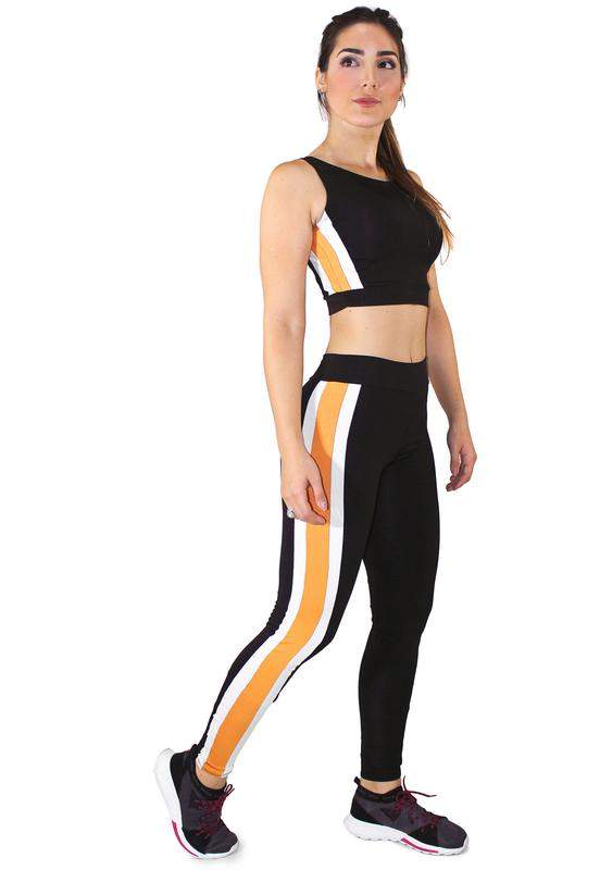 Conjunto feminino fitness cropped com faixas + calça legging preto com amarelo e branco