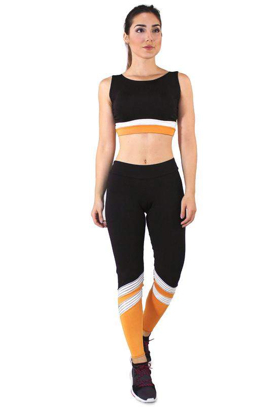 Conjunto feminino fitness cropped regata + calça legging preto com amarelo e branco