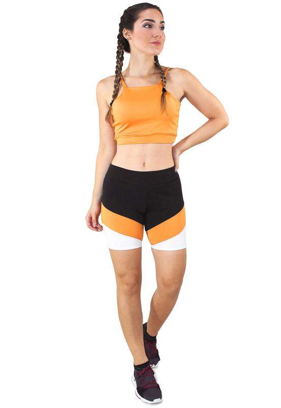 Conjunto fitness cropped amarelo + shorts com faixas preto com branco e amarelo luxo