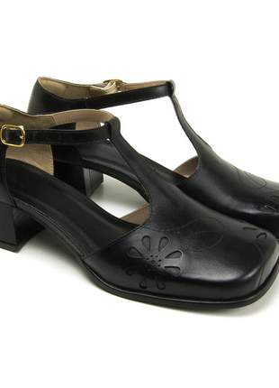 Sapato bico quadrado pierrô salto baixo couro legítimo cor preto