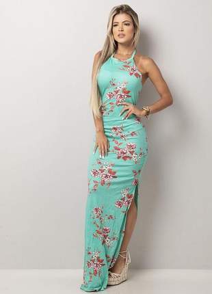 Vestido longo estampado floral turquesa modelo sereia (de viscolycra com bojo)