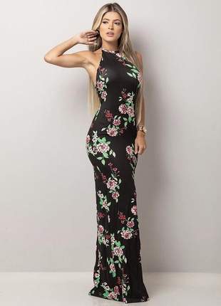 Vestido longo estampado floral preto modelo sereia (de viscolycra com bojo)