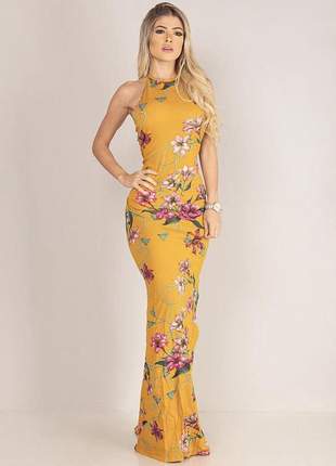 Vestido longo estampado floral dourado modelo sereia (de viscolycra com bojo)