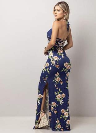 Vestido longo estampado floral azul modelo sereia (de viscolycra com bojo)