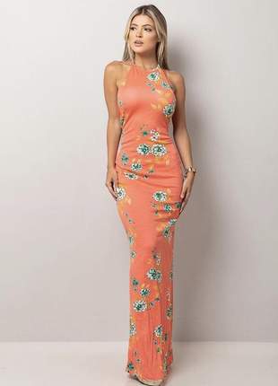 Vestido longo estampado floral laranja modelo sereia (de viscolycra com bojo)