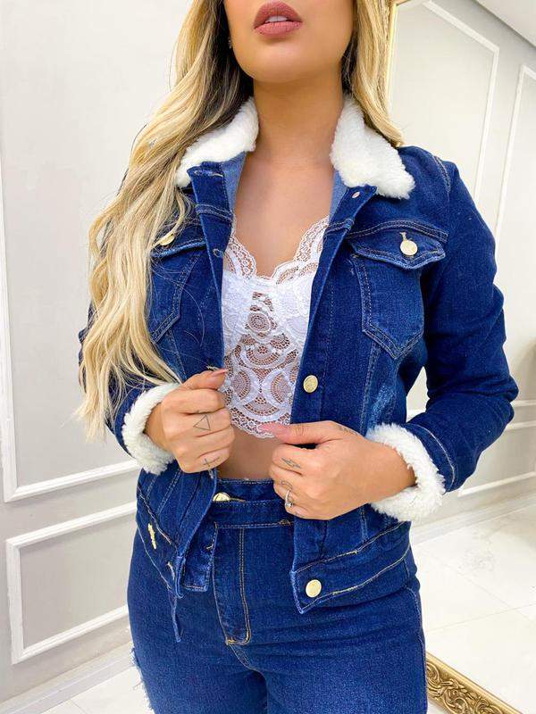 jaqueta jeans com pelo feminina